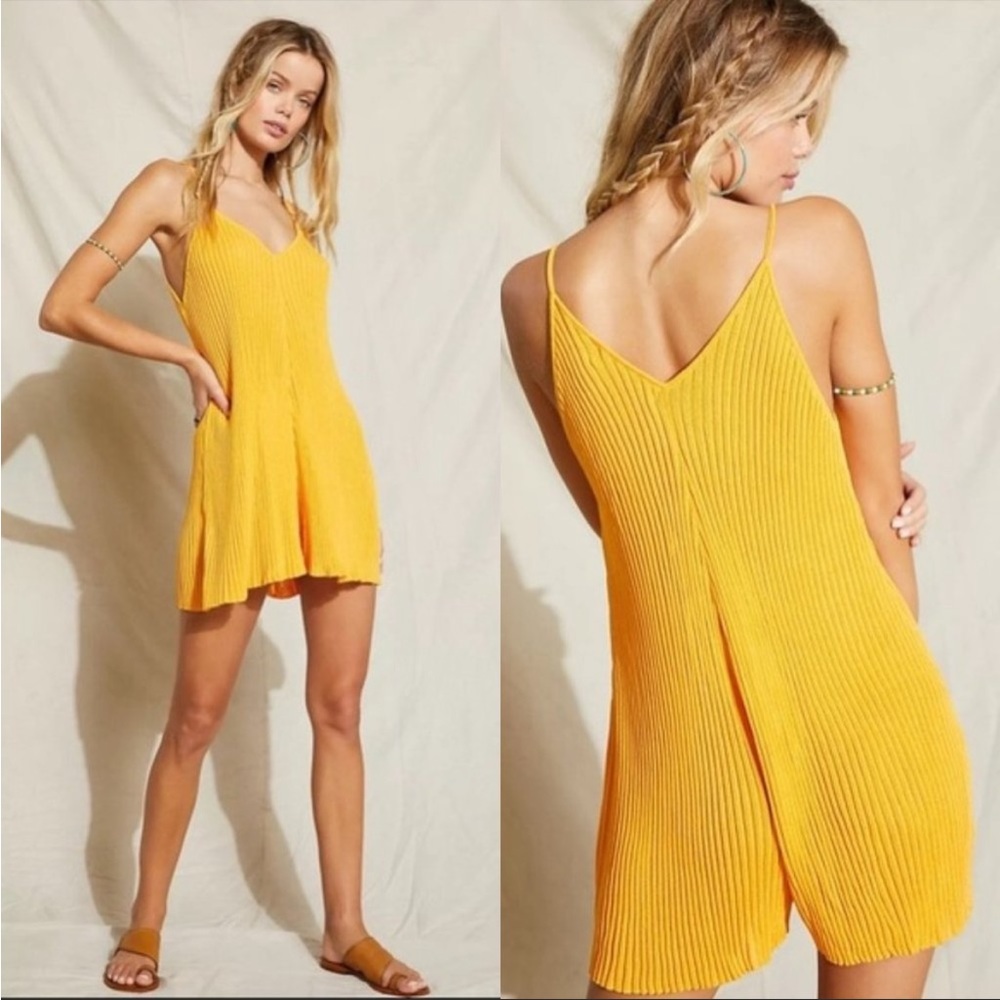 NWT Free People Beach Yellow Knit Halter Romper Womens Size L
